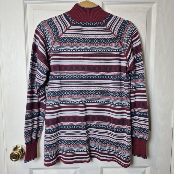 Eddie Bauer Sweater Women XL Burgundy Blue 1/4 Zip Nordic Tribal Aztec Pullover - Picture 6 of 6